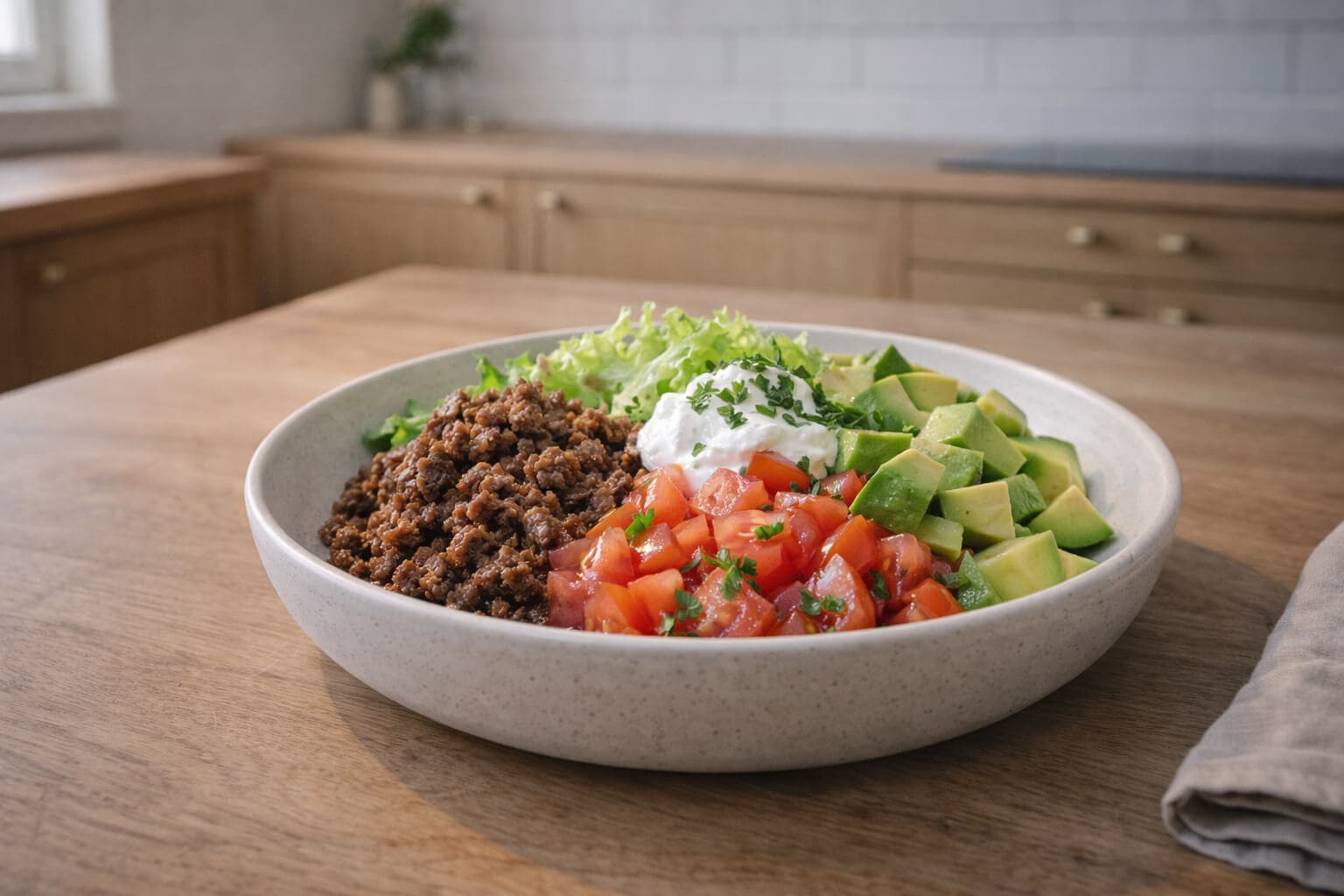 Tacobowl med kjøttdeig, avocado og tomat