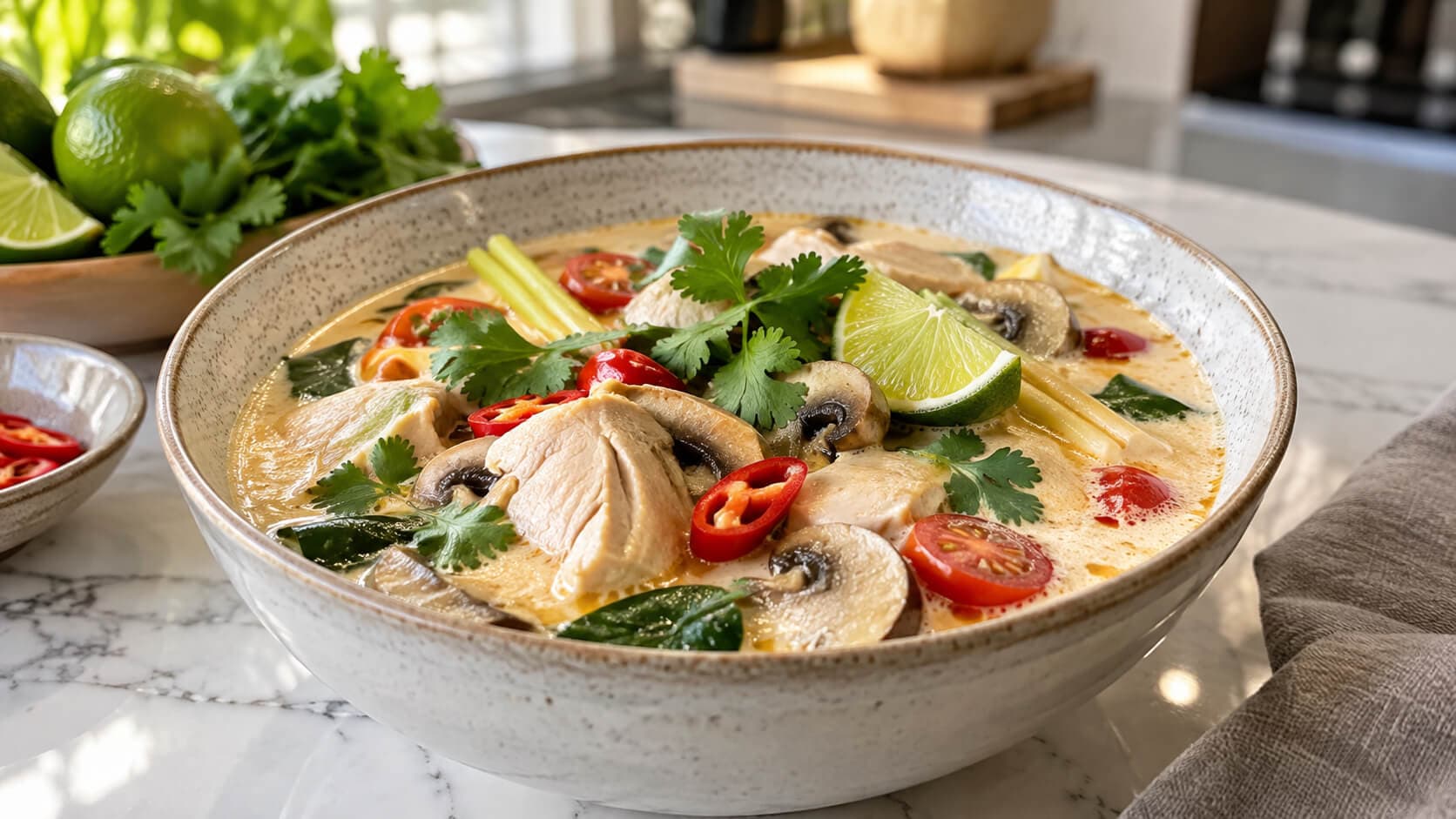Thai kyllingsuppe med kokosmelk og lime