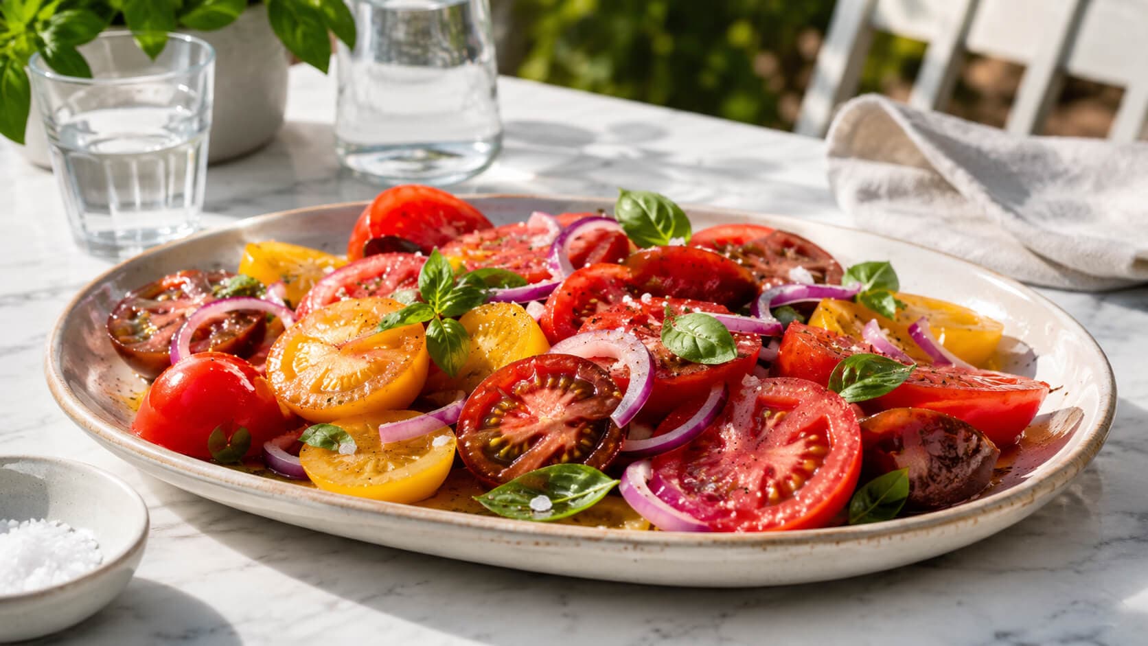 Tomatsalat med rødløk og basilikum