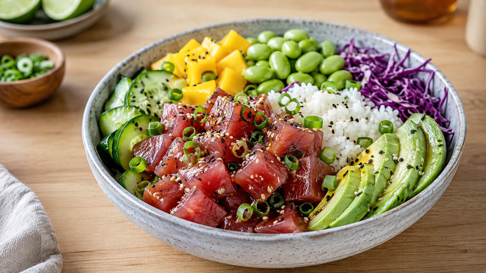 Tunfisk poke bowl med mango og edamame