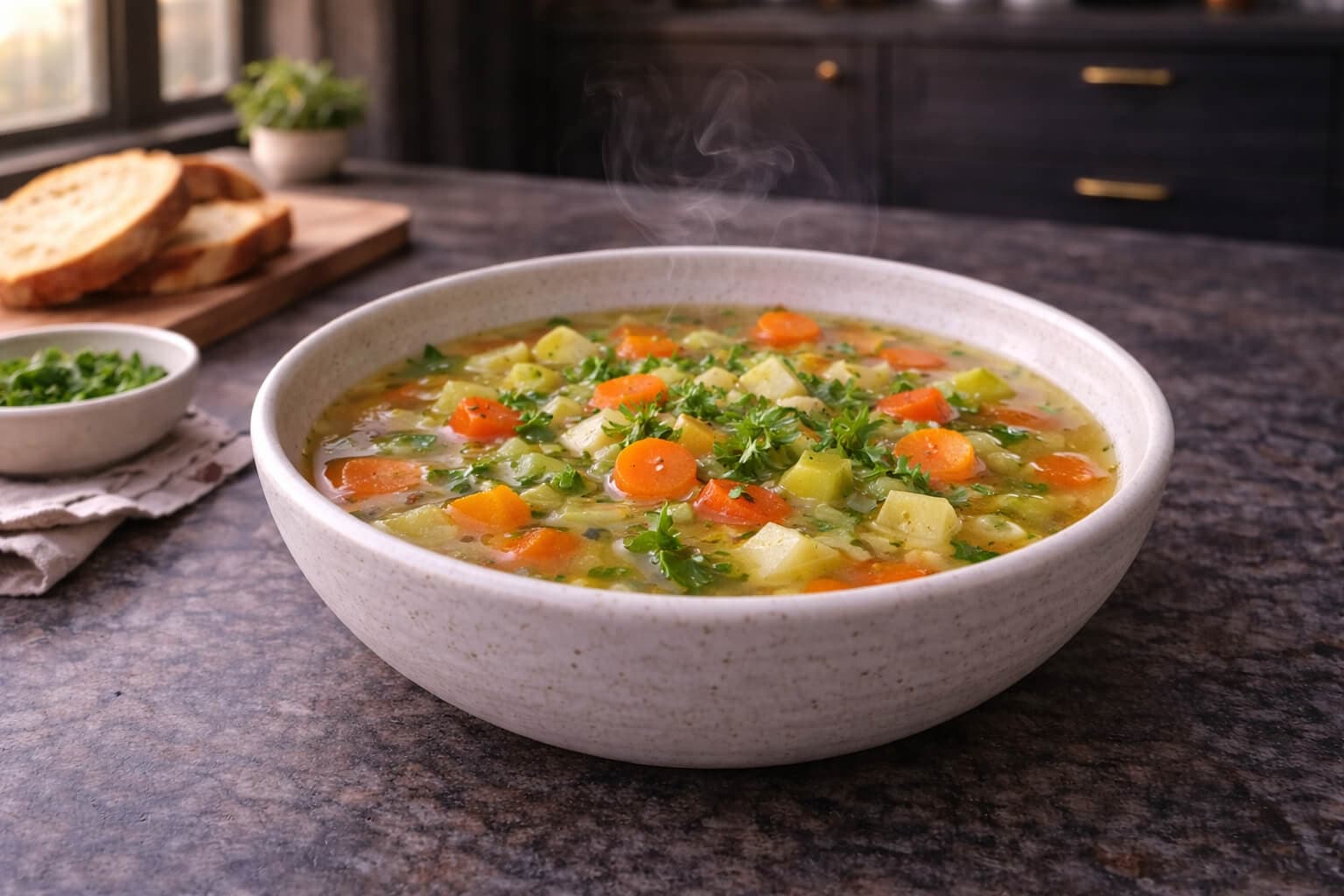 Varm grønnsakssuppe med urter