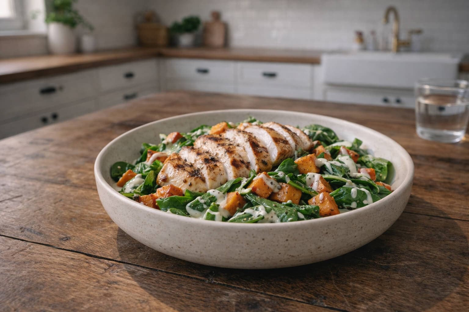 Varm salat med kylling, spinat og søtpotet
